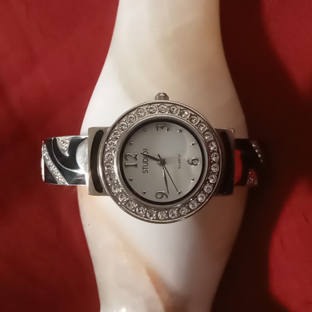 Studio watch spring hinged stainless watch . crystals & black Enamel